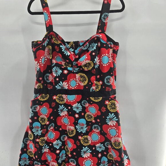 Retro Rockabilly Black Red Blue Flowers V-Neck Fit and Flare Dress Large - Picture 1 of 8